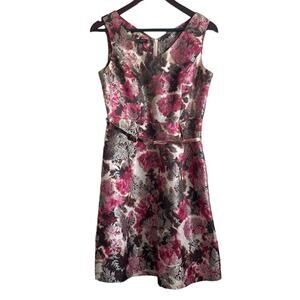 Talbots‎ Women Floral Mini Dress 6P Pink Metallic Belted Pleated Old Money Glam
